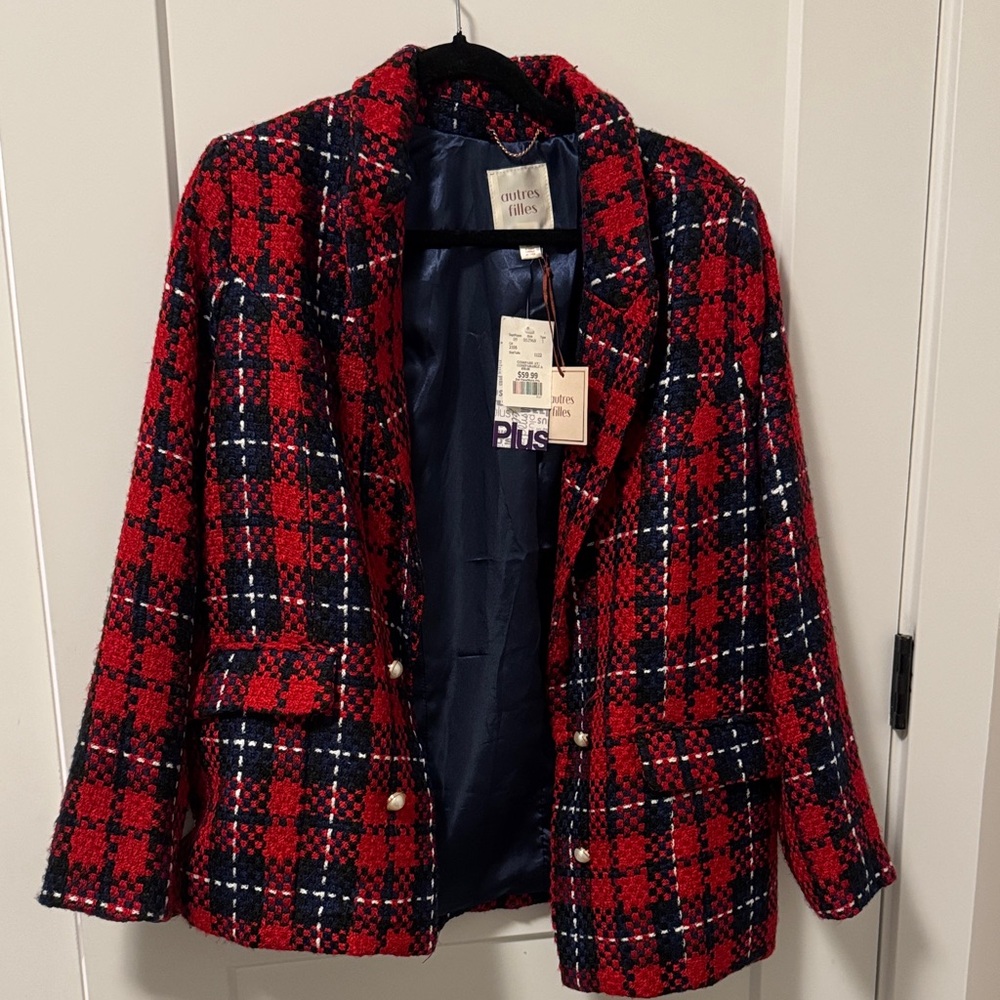 autres filles Red & Navy Plaid Pencil Jacket